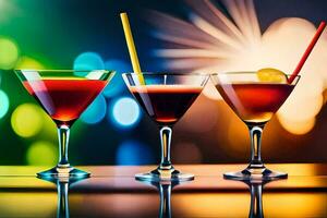 three glasses of cocktails with colorful lights. AI-Generated photo