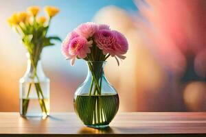 two vases with pink flowers sitting on a table. AI-Generated photo