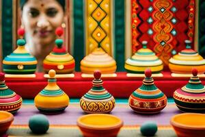 colorful pots and bowls on display in a display case. AI-Generated photo