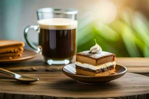 un rebanada de pastel y un taza de café en un de madera mesa. generado por ai foto