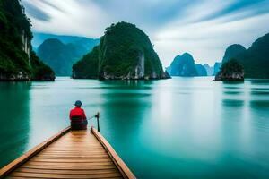 a man in a red shirt is sitting on a wooden boat in the middle of a body of. AI-Generated photo