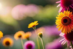 a field of colorful flowers with sun shining. AI-Generated photo