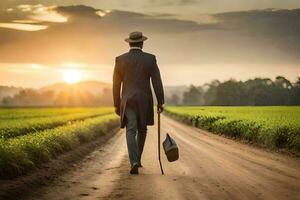 a man in a suit walks down a dirt road with a cane. AI-Generated photo