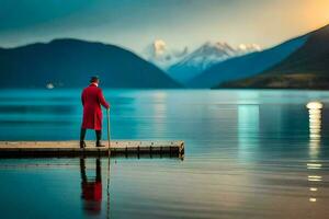 a man in a red coat stands on a dock looking at the mountains. AI-Generated photo