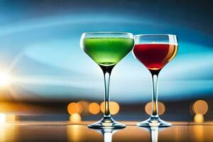 two glasses of colorful drinks on a table. AI-Generated photo