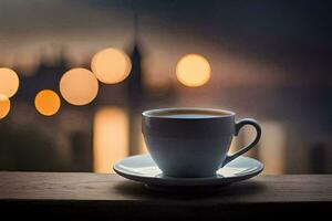 un taza de café en un mesa con un ciudad en el antecedentes. generado por ai foto