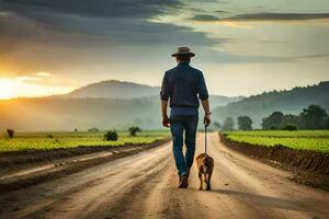 hombre caminando perro en suciedad la carretera a puesta de sol. generado por ai foto