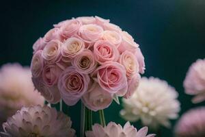 a bouquet of pink roses is shown in front of a dark background. AI-Generated photo