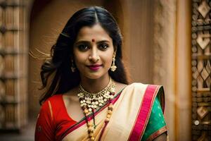 a beautiful indian woman in a traditional sari. AI-Generated photo