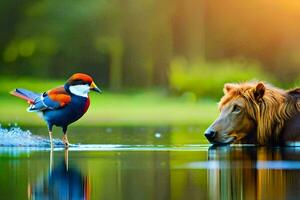 a bird and a lion standing in the water. AI-Generated photo