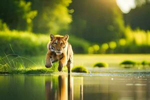 un Tigre corriendo a través de un estanque en el bosque. generado por ai foto