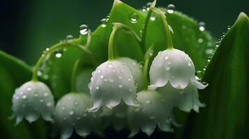 Lily of the valley flower with raindrops. White small flowers bloomed after rain, extreme closeup professional photography. AI Generated photo