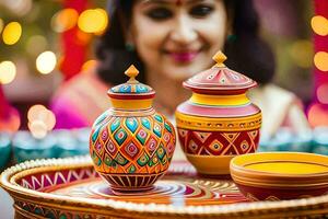 a woman in indian dress sits on a wooden tray with colorful pots. AI-Generated photo