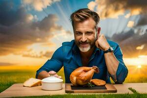 un hombre sentado a un mesa con un pollo y un pan. generado por ai foto