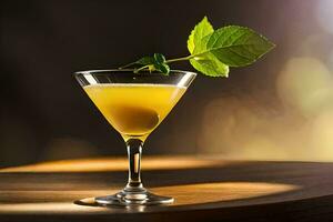 a cocktail with a green leaf on top. AI-Generated photo