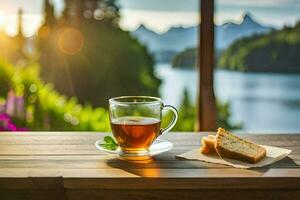 a cup of tea and a slice of bread on a wooden table in front of a lake. AI-Generated photo