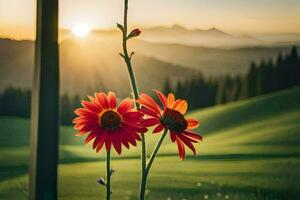 two red flowers are sitting on a grassy field with a sunset in the background. AI-Generated photo