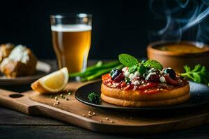 comida en un plato con un cerveza y un vaso de vino. generado por ai foto