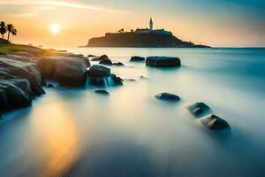 un faro en el Oceano a puesta de sol. generado por ai foto