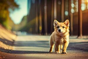 a small dog is walking on the road. AI-Generated photo