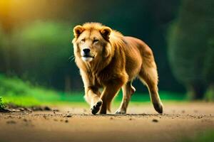 un león caminando en un suciedad la carretera. generado por ai foto