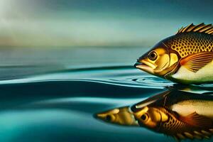 un pescado es flotante en el agua con sus reflexión. generado por ai foto