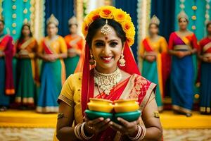 a woman in traditional indian attire holding two bowls. AI-Generated photo