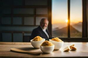 a man in a suit sitting in front of three bowls of food. AI-Generated photo