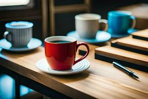 a table with several cups and a pen. AI-Generated photo
