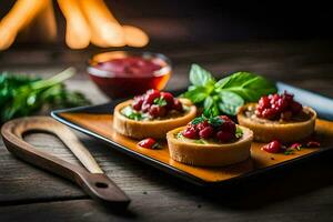 small appetizers on a plate with a fire in the background. AI-Generated photo