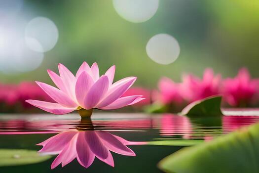 rosado loto flor en el agua con un verde antecedentes. generado por ai foto