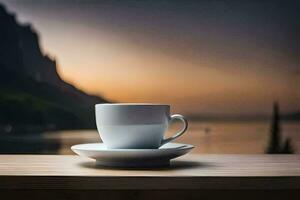 coffee cup on a table with mountains in the background. AI-Generated photo