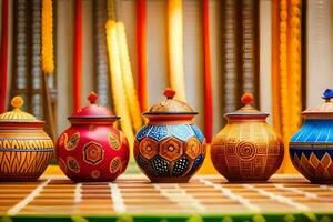 colorful pots and jars lined up on a table. AI-Generated photo