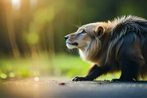 a lion is walking on the road. AI-Generated photo