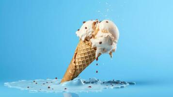 Melting waffle cone ice cream isolated on blue background. AI Generated photo