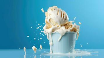 Melting ice cream isolated on soft blue background. Studio shoot closeup product photography design concept.  AI Generated photo