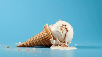 Melting waffle cone ice cream isolated on blue background. AI Generated photo