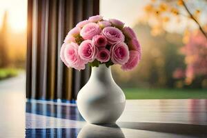 a vase with pink roses sitting on a table. AI-Generated photo