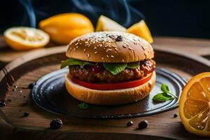 a hamburger with a slice of lemon and some herbs. AI-Generated photo