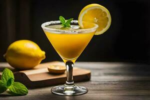 a cocktail with lemon and mint on a wooden table. AI-Generated photo