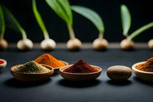 various spices in bowls on a black background. AI-Generated photo