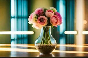 a vase filled with pink flowers sitting on a table. AI-Generated photo