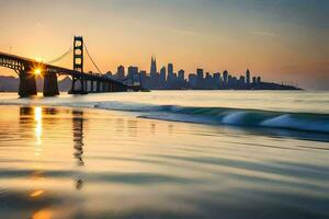 el dorado portón puente y el san francisco horizonte a puesta de sol. generado por ai foto