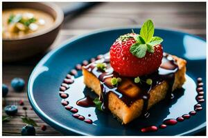 a plate with a strawberry and chocolate sauce. AI-Generated photo