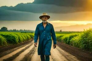 a man in a blue shirt and hat walking down a dirt road. AI-Generated photo