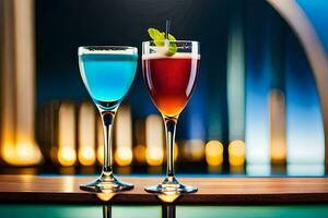 two glasses of colorful drinks on a bar. AI-Generated photo