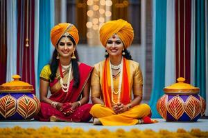 two women in traditional indian attire sitting on the ground. AI-Generated photo