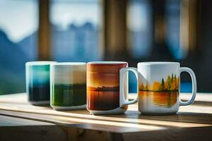 three coffee mugs with different images on them. AI-Generated photo