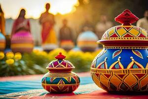 colorful pots and vases on a red carpet. AI-Generated photo