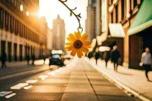 a yellow flower hanging from a street light. AI-Generated photo